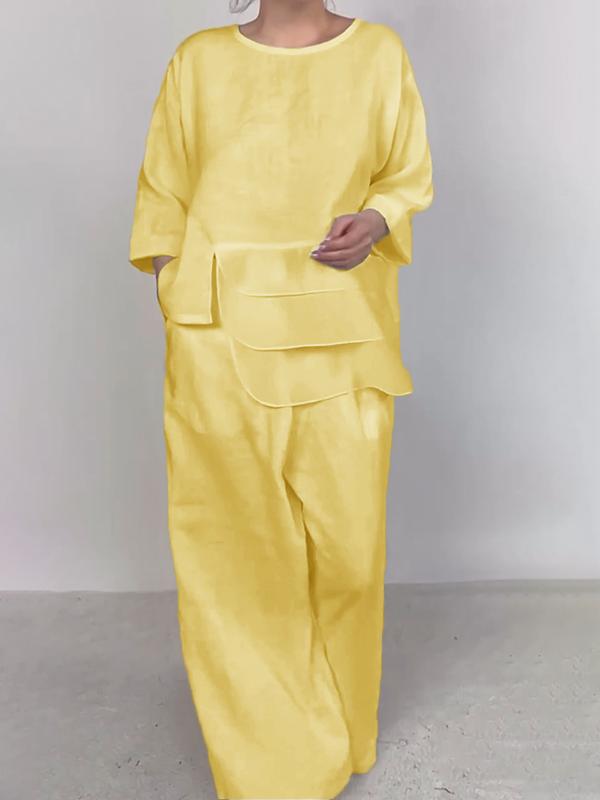 Crewneck Satin Layered Top & Wide-Leg Pants Set