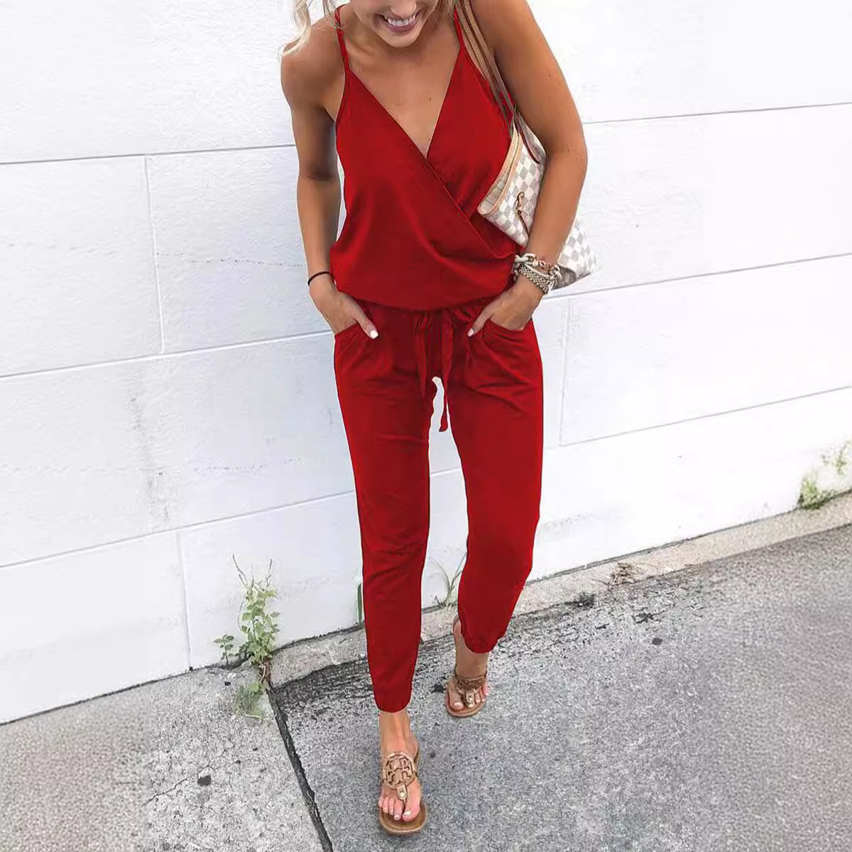 Women's Lace-Up Backless Sleeveless Jumpsuit with Pockets