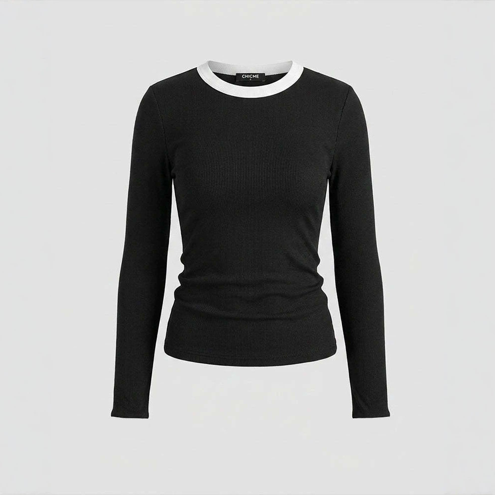 Women's V-Neck Colorblock Long-Sleeve Slimming T-Shirt