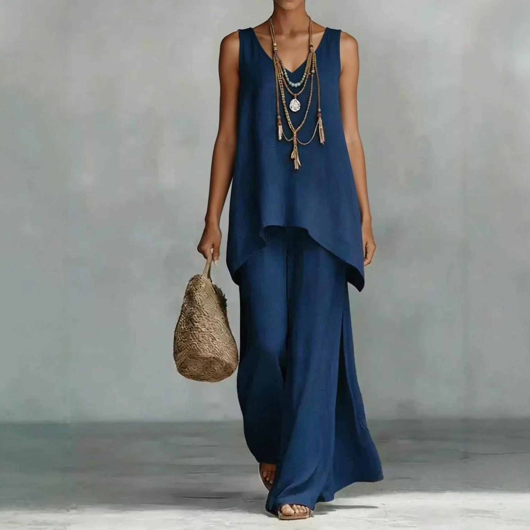Women's Sleeveless V-Neck Top and Wide-Leg Pants Set Solid Color