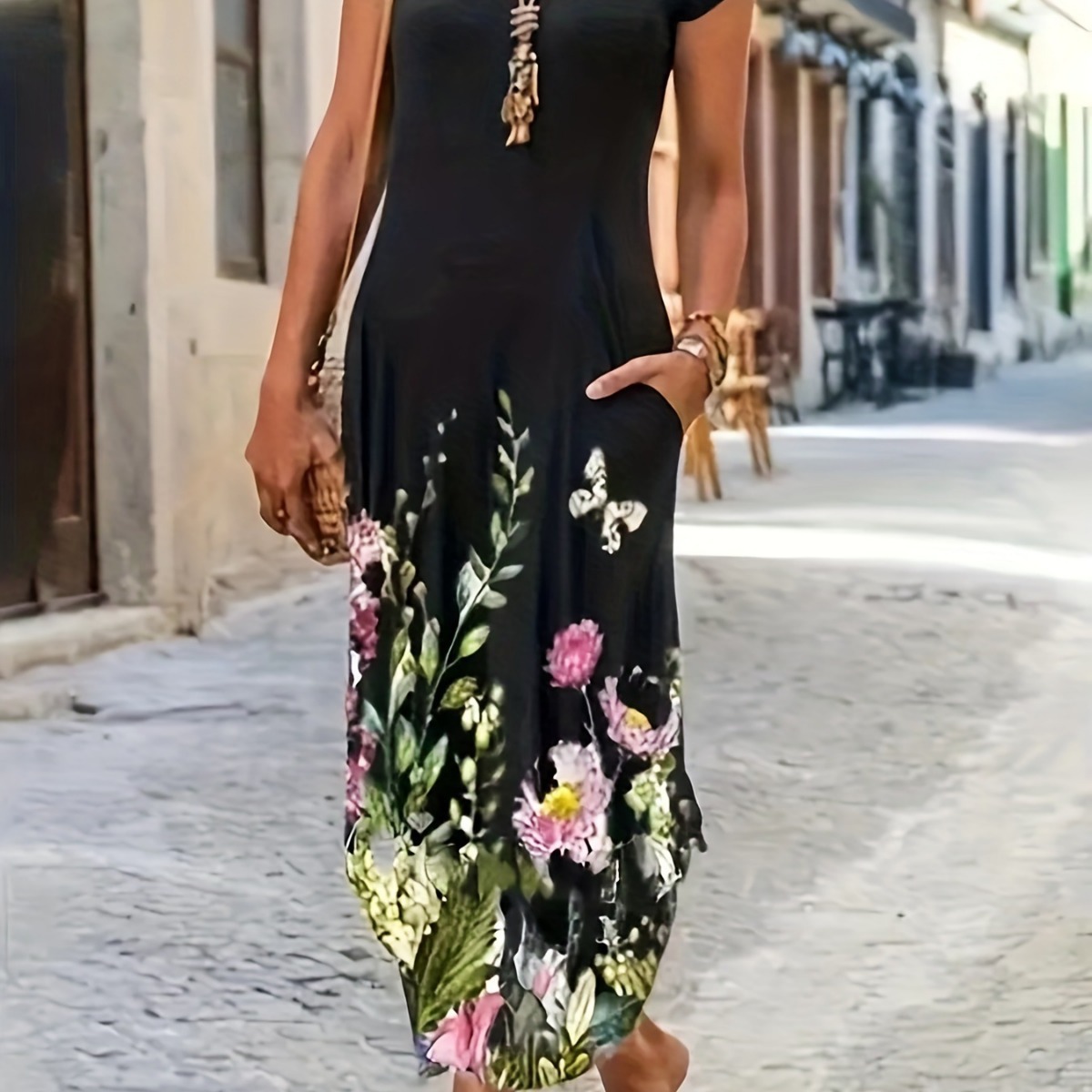 Floral Print Pocket Midi Dress Casual Short Sleeve A-Line
