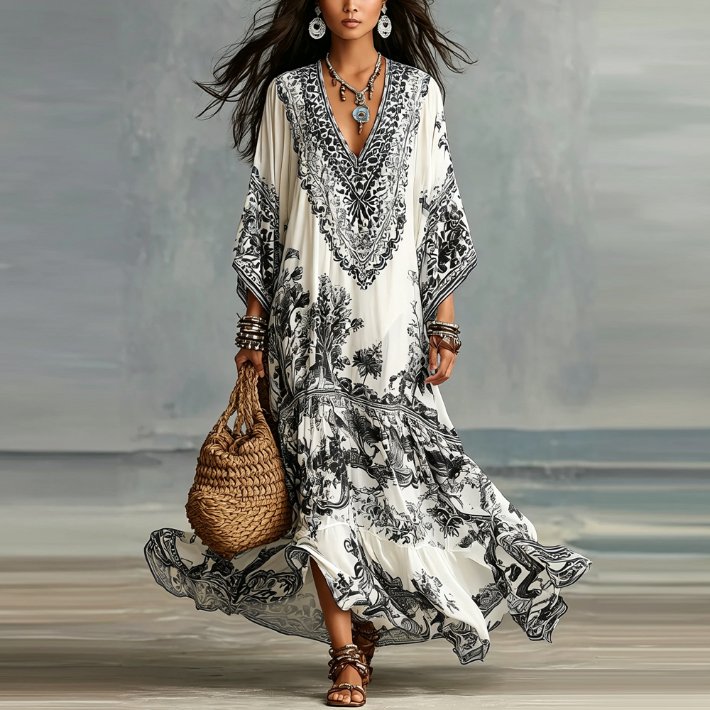 Bohemian Floral Print Loose Fit Long Sleeve Shirt Dress