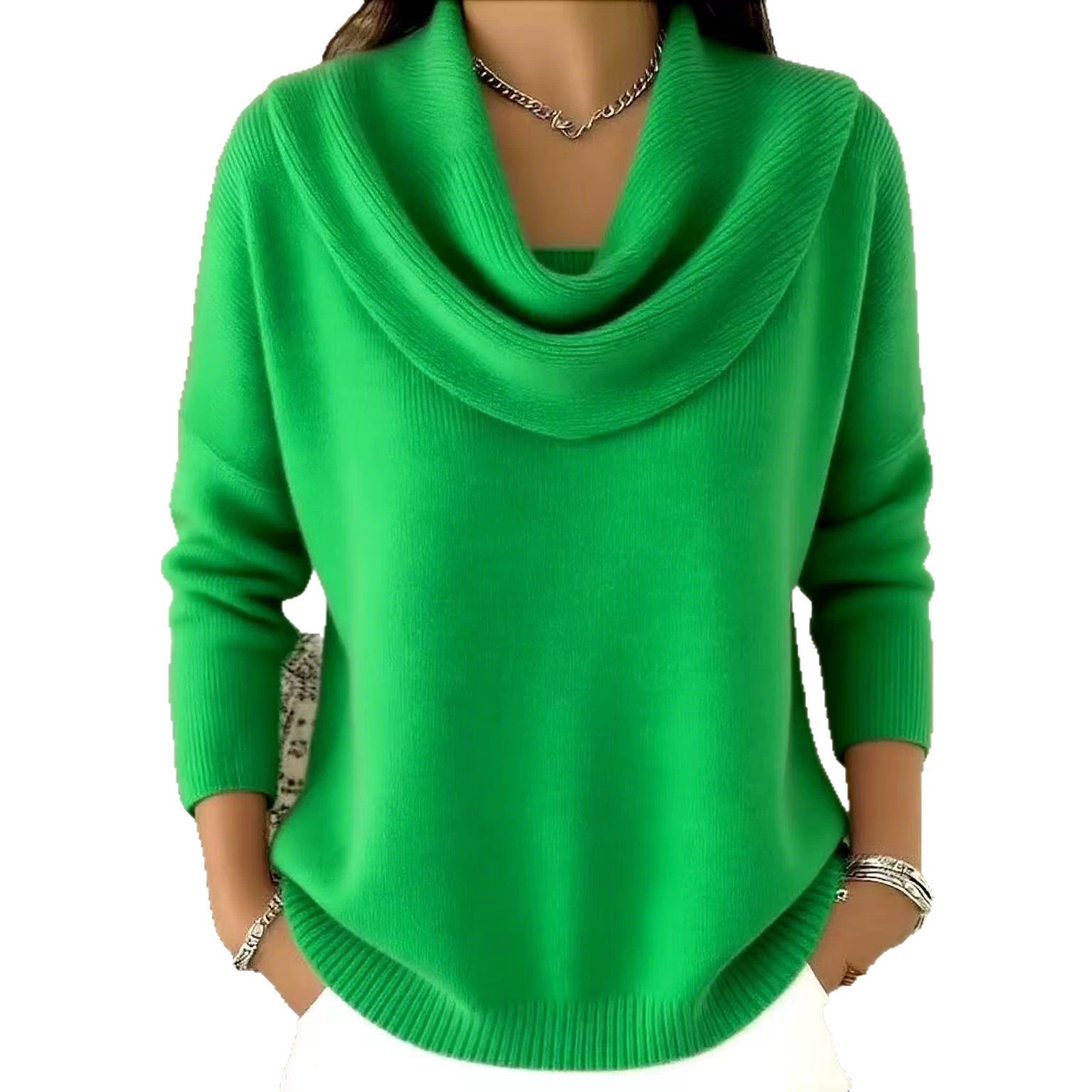 Women's Solid Color Long Sleeve Knit Top with Cowl Neck