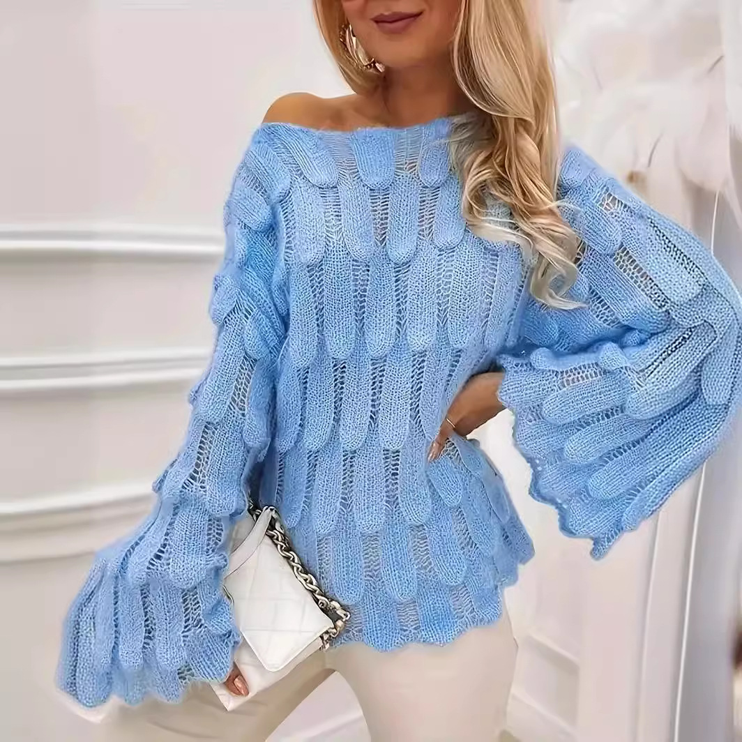 Feather-Trim Open-Knit Pullover Sweater