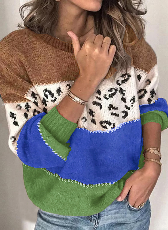Leopard Print Patchwork Knit Pullover Sweater