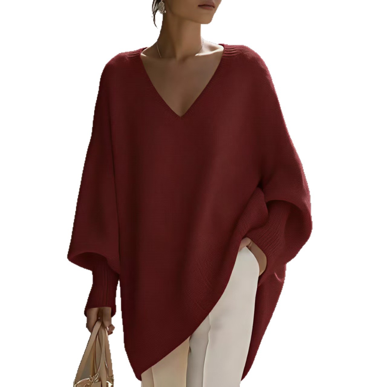 Solid V-Neck Lantern Sleeve Loose Knit Sweater for Women