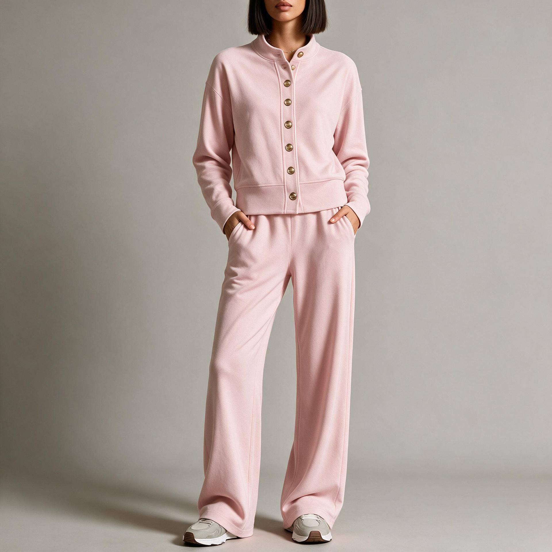 Women's Solid Stand-Collar Cardigan Hoodie & Wide-Leg Pants Set