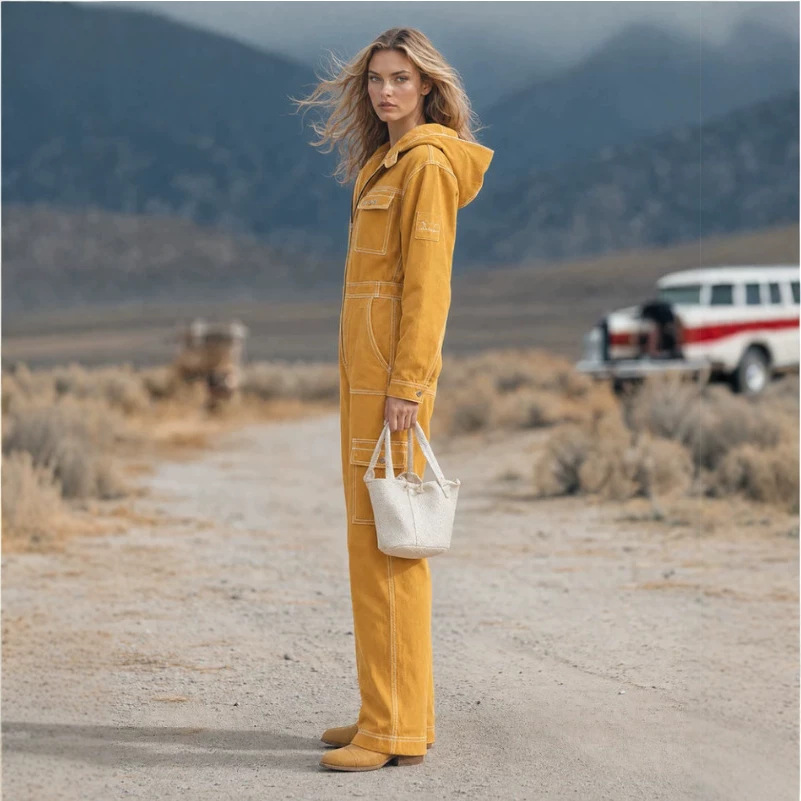 Vintage Hooded Wide-Leg Jumpsuit with Large Pockets