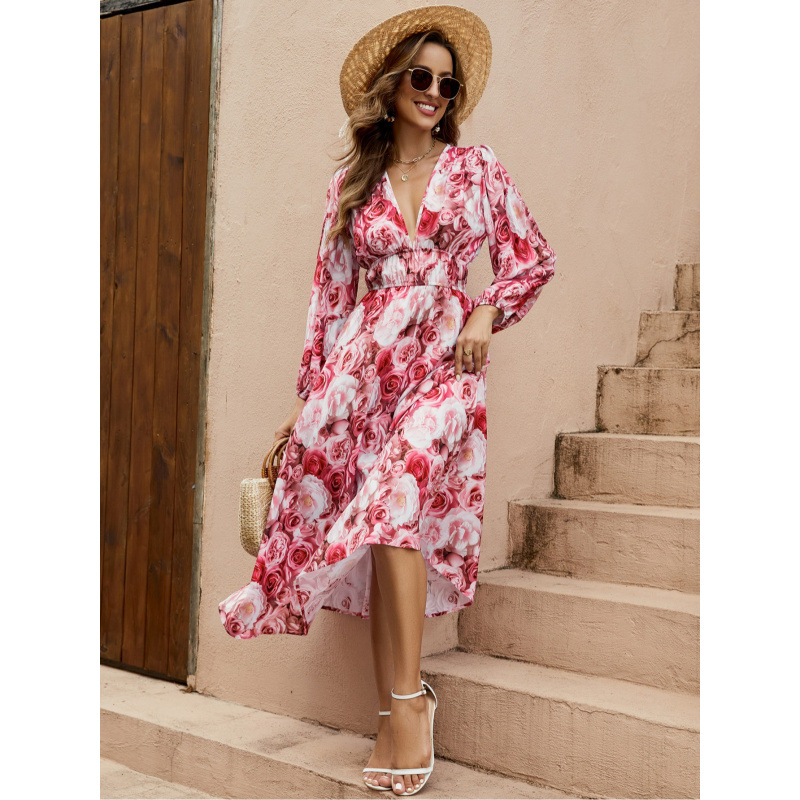 3D Rose Print Deep V Corset Lantern Sleeve Long Dress