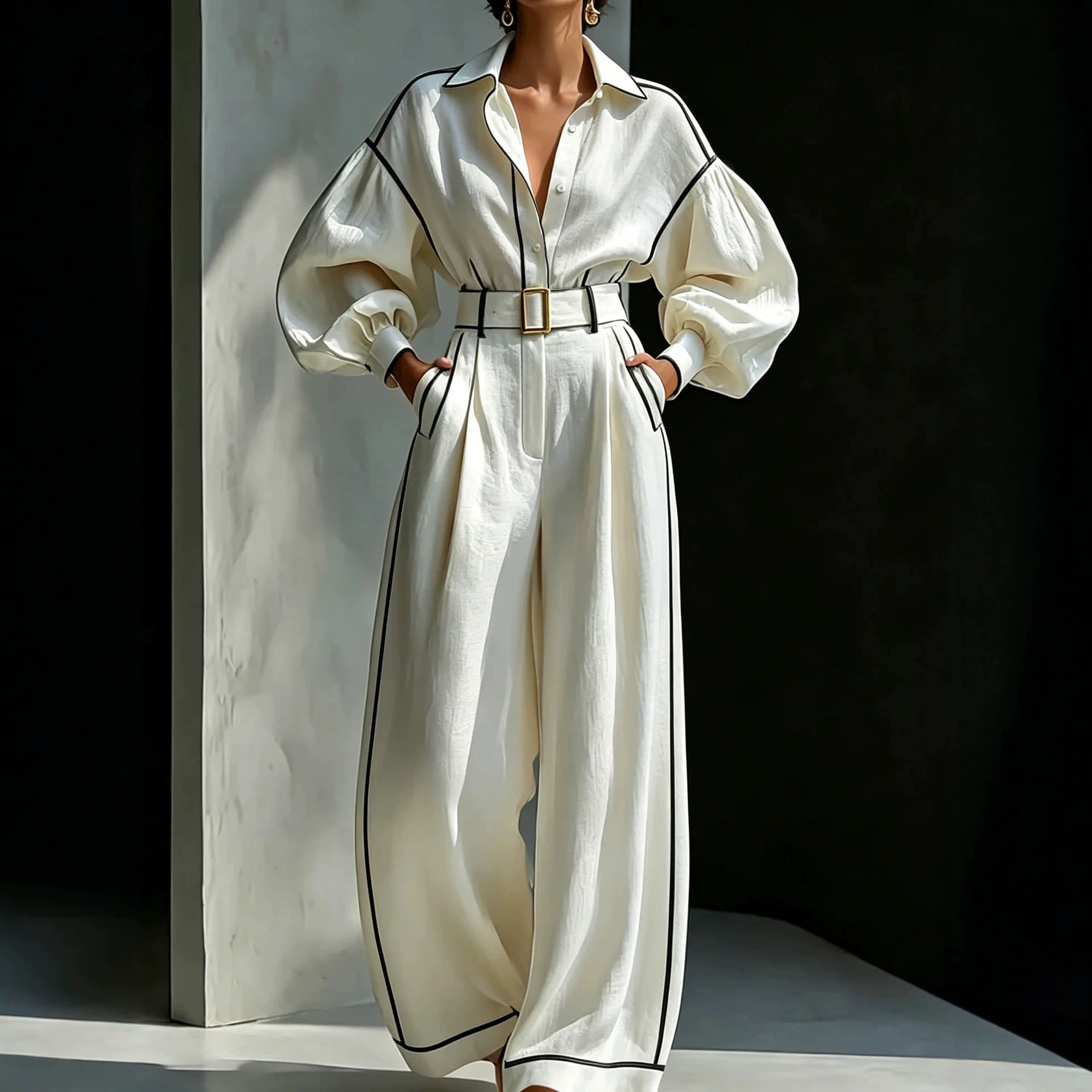 Women's Relaxed Two-Piece Set with Belt – Long Sleeve Shirt & Wide-Leg Pants