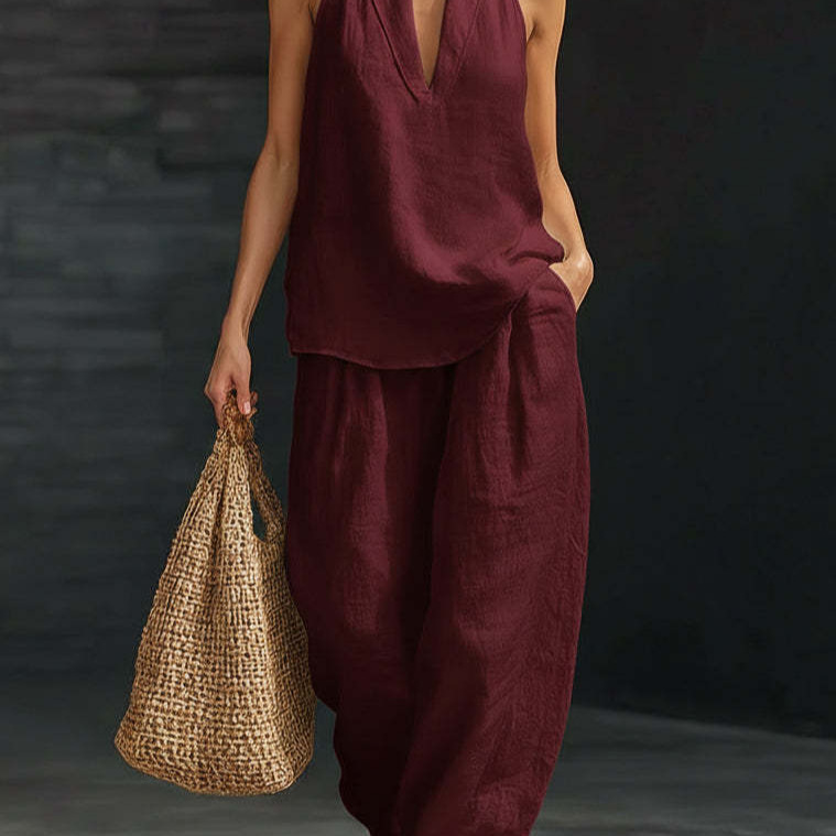 Women's Halter V-Neck Sleeveless Casual Pant Set