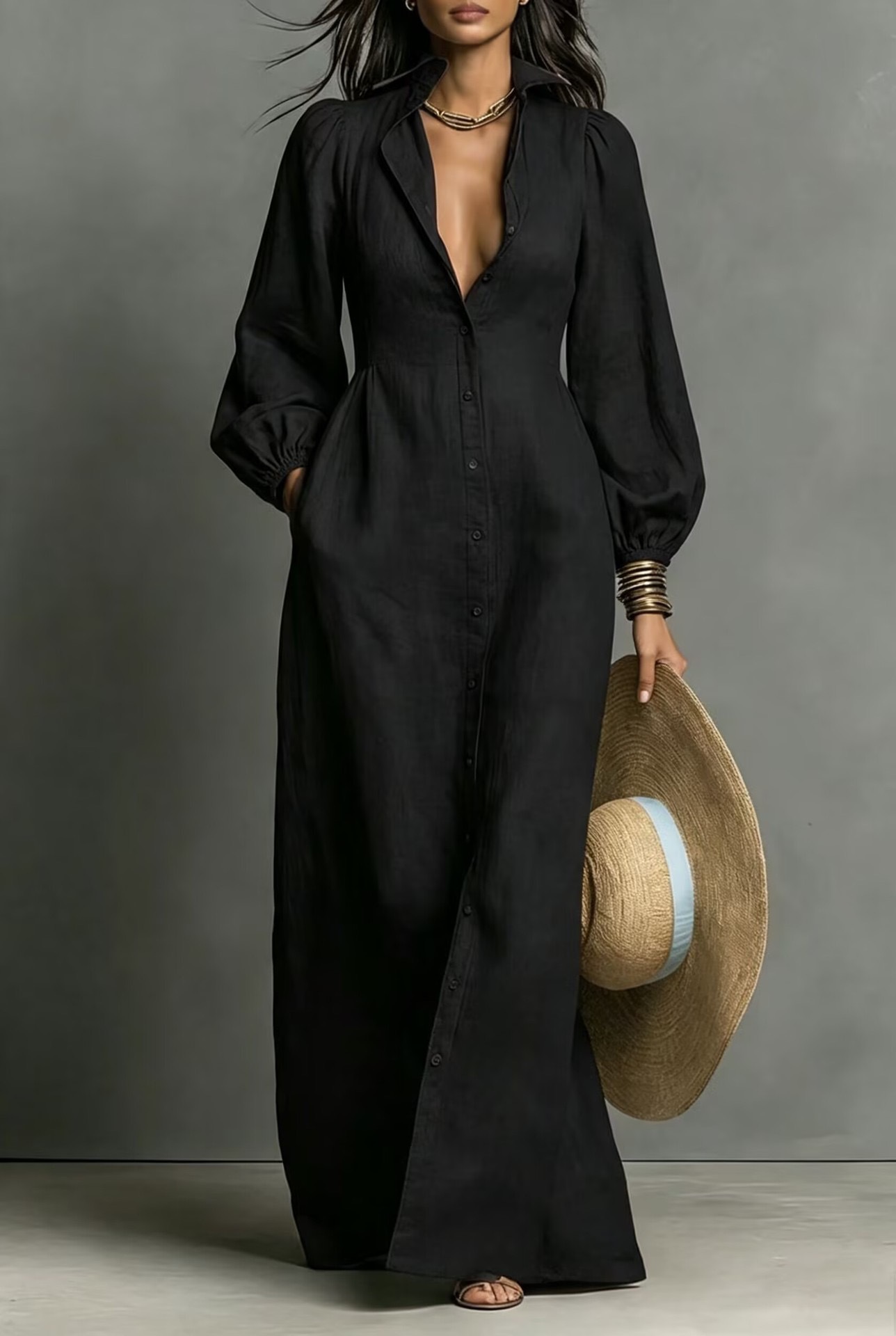 Lantern Sleeve Button-Front Long Shirt Dress Retro Casual