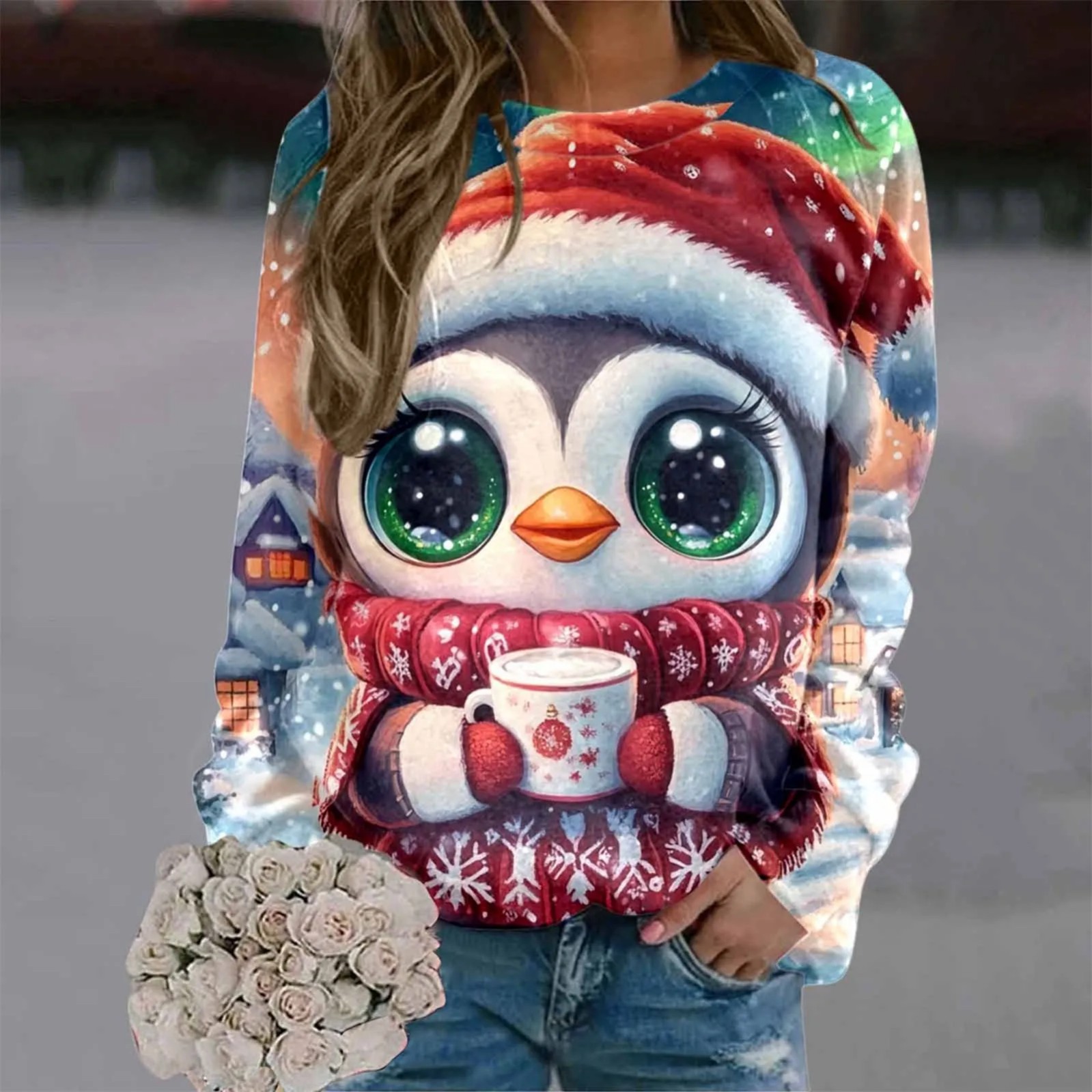 Women's Cartoon Animal Christmas Print Crewneck Sweatshirt