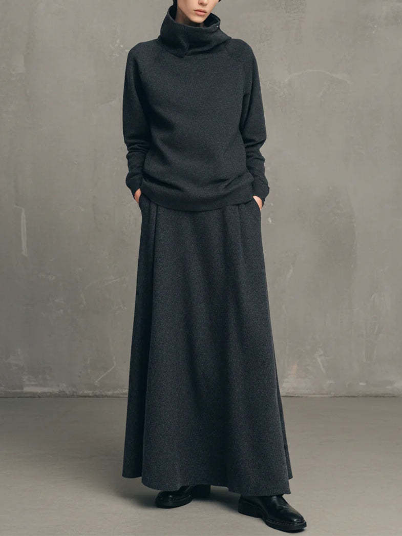 Minimalist Solid High-Neck Sweatshirt and Long Skirt Two-Piece Set