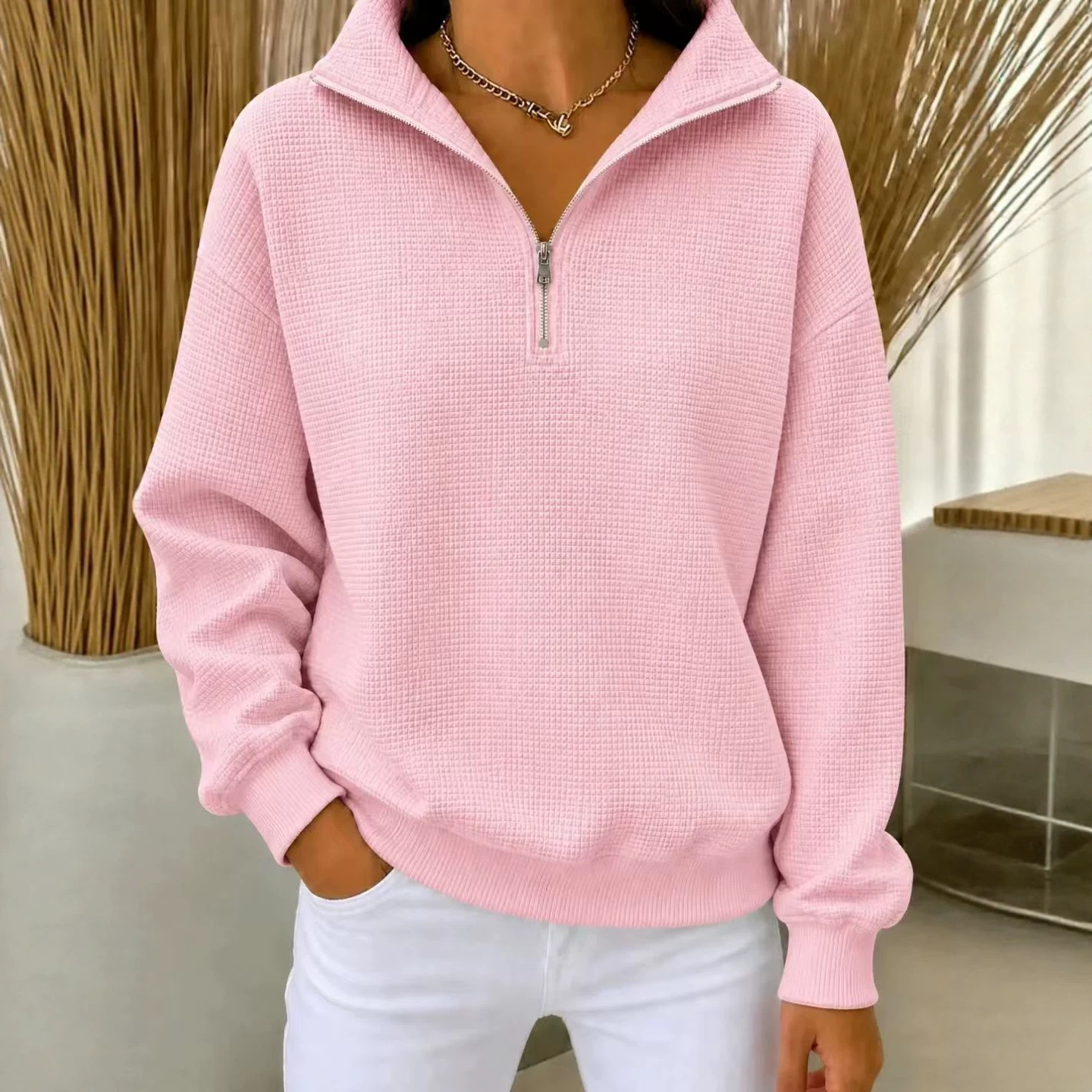 Women's Waffle Knit Solid Stand Collar Zip-Up Long Sleeve Sweatshirt