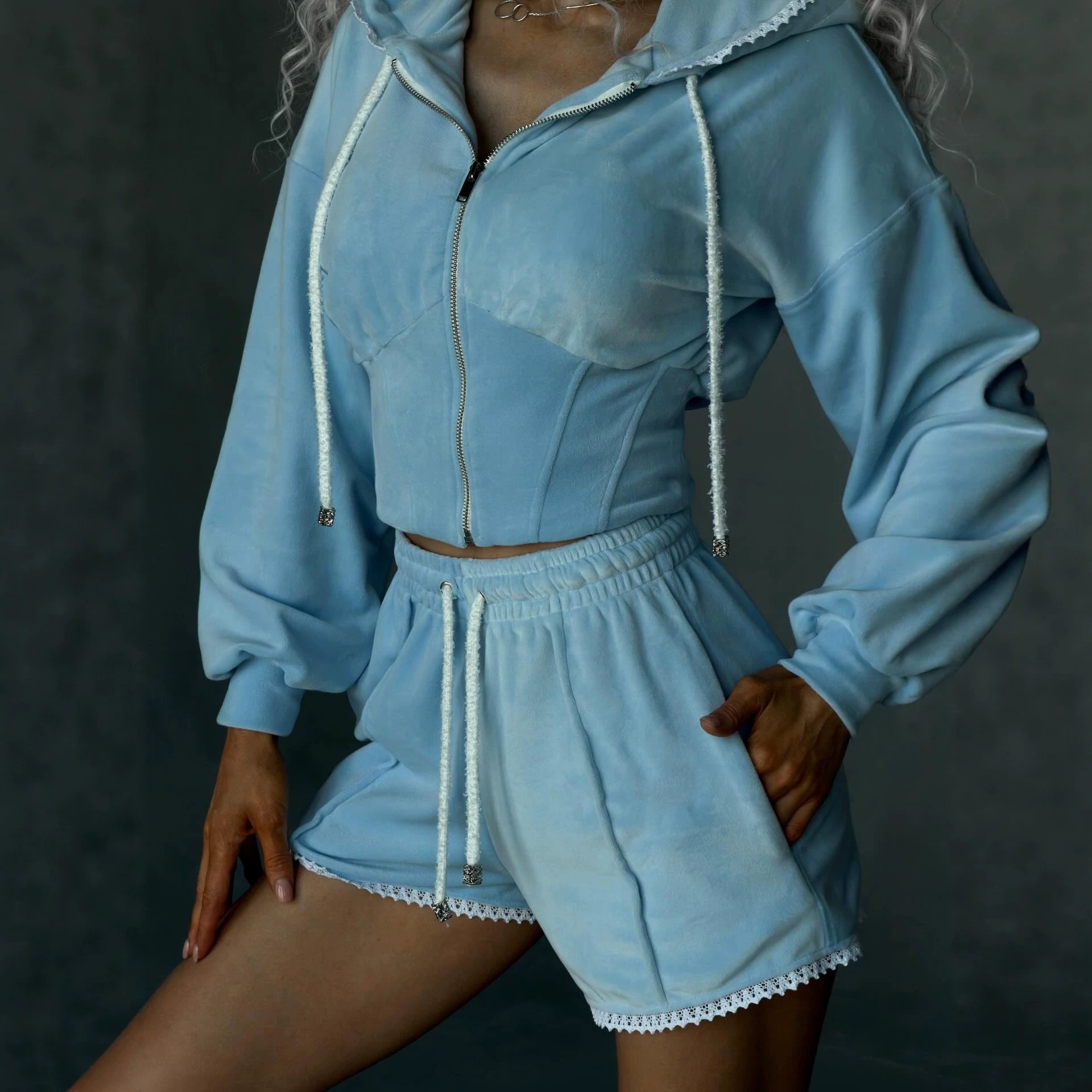 Velvet Colorblock Long-Sleeve Cardigan & Shorts Two-Piece Set