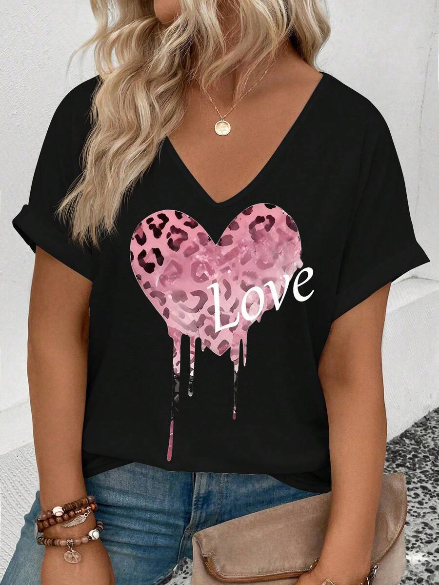 Gradient Heart Print V-Neck Short Sleeve Loose Women's Top