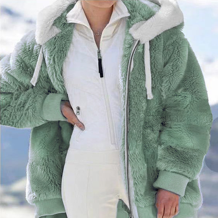 Women's Loose Solid Fleece Zip-Up Hooded Jacket