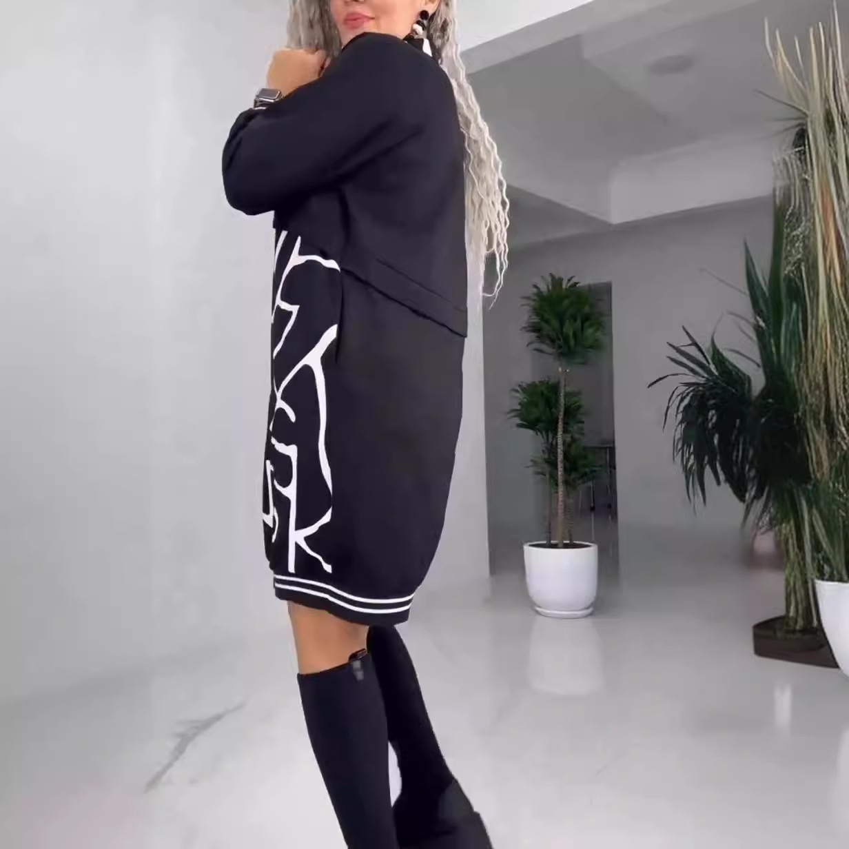 Women's Casual Faux Two-Piece Geometric Print Slim Midi Dress