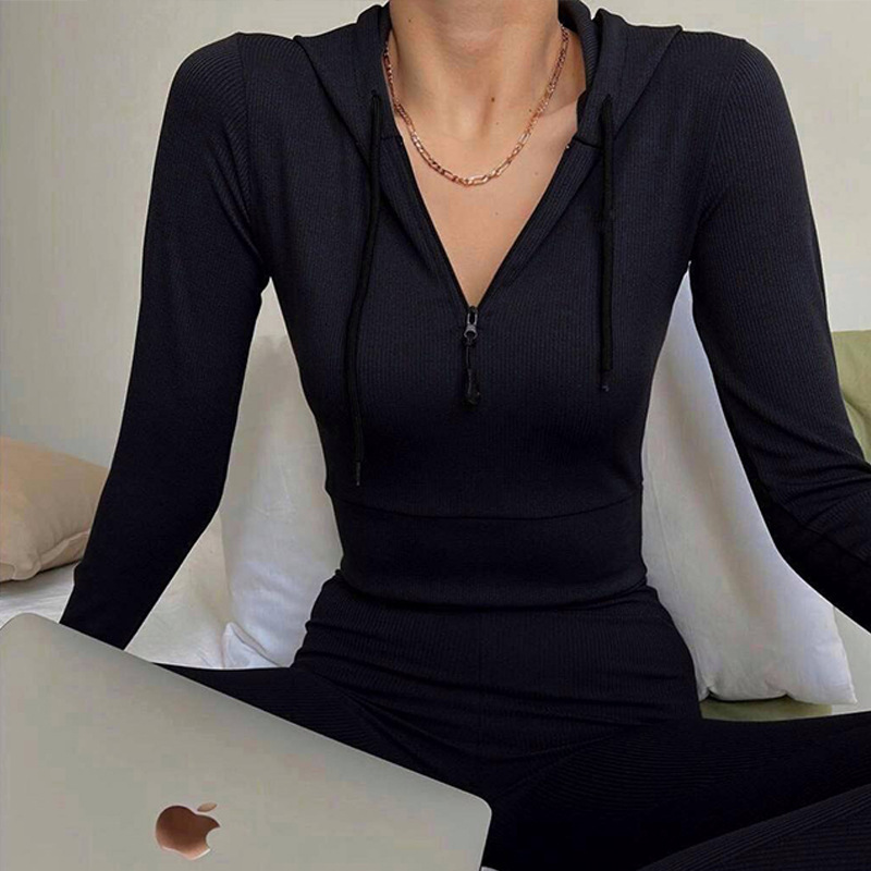 Women's Knit Hooded Two-Piece Set Slim Fit High Waist Long Sleeve Top and Pants