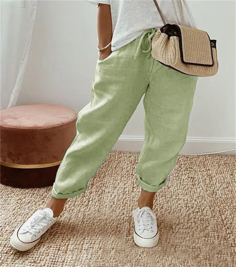 Women's Cotton-Linen Elastic Waist Casual Pants with Pockets