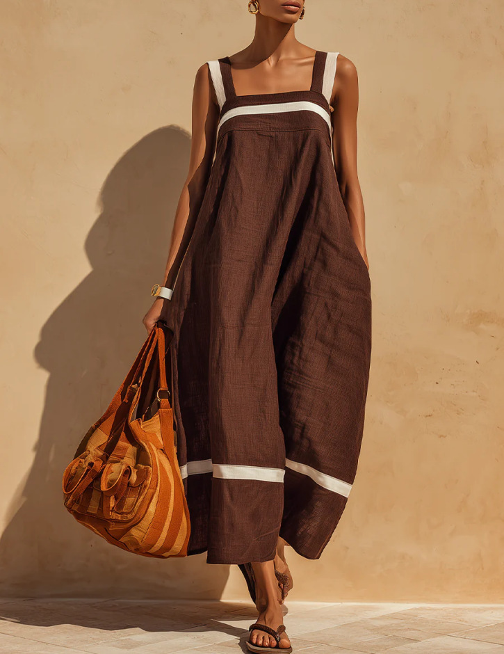 Cotton-Linen Blend Square Neck Striped Colorblock Sleeveless Casual Dress