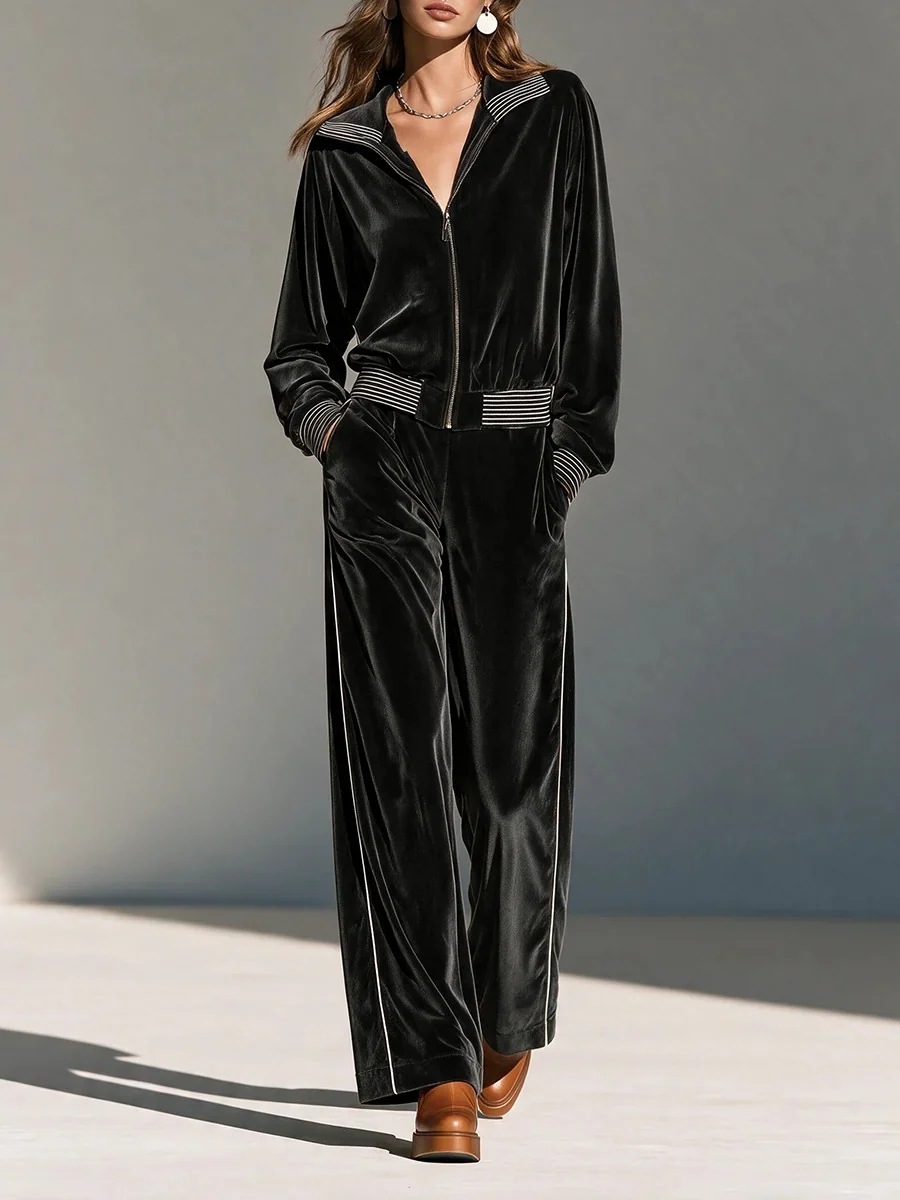 Black Velvet Striped Two-Piece Set with Collared Zip Jacket and High-Waist Wide-Leg Pants