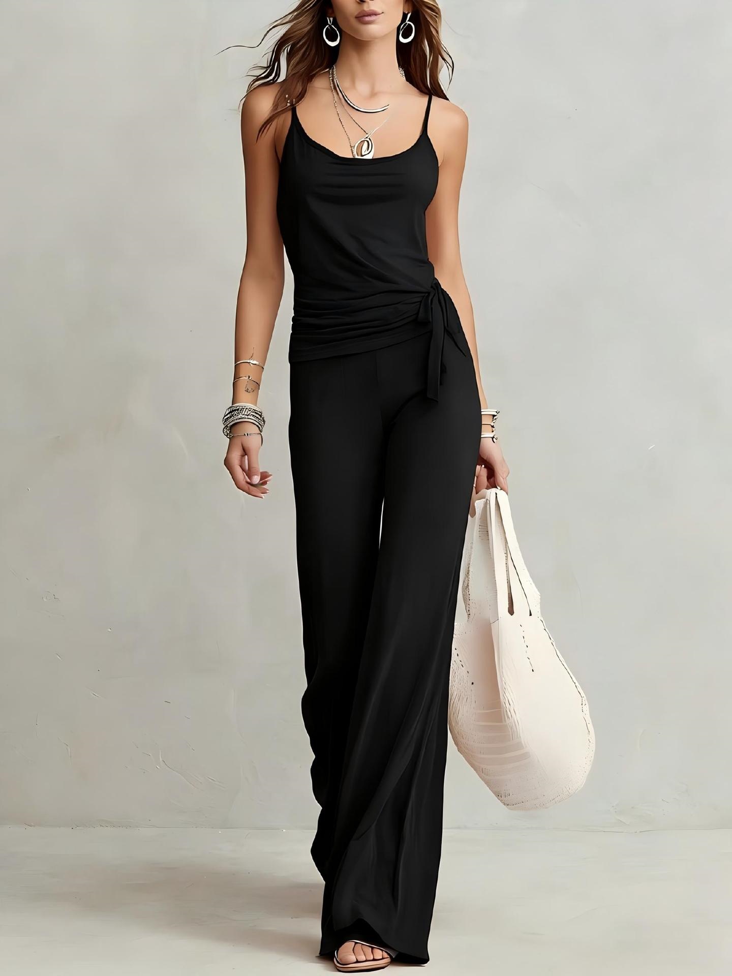 Solid Color Sleeveless Cami Top and High-Waist Wide-Leg Pants Set