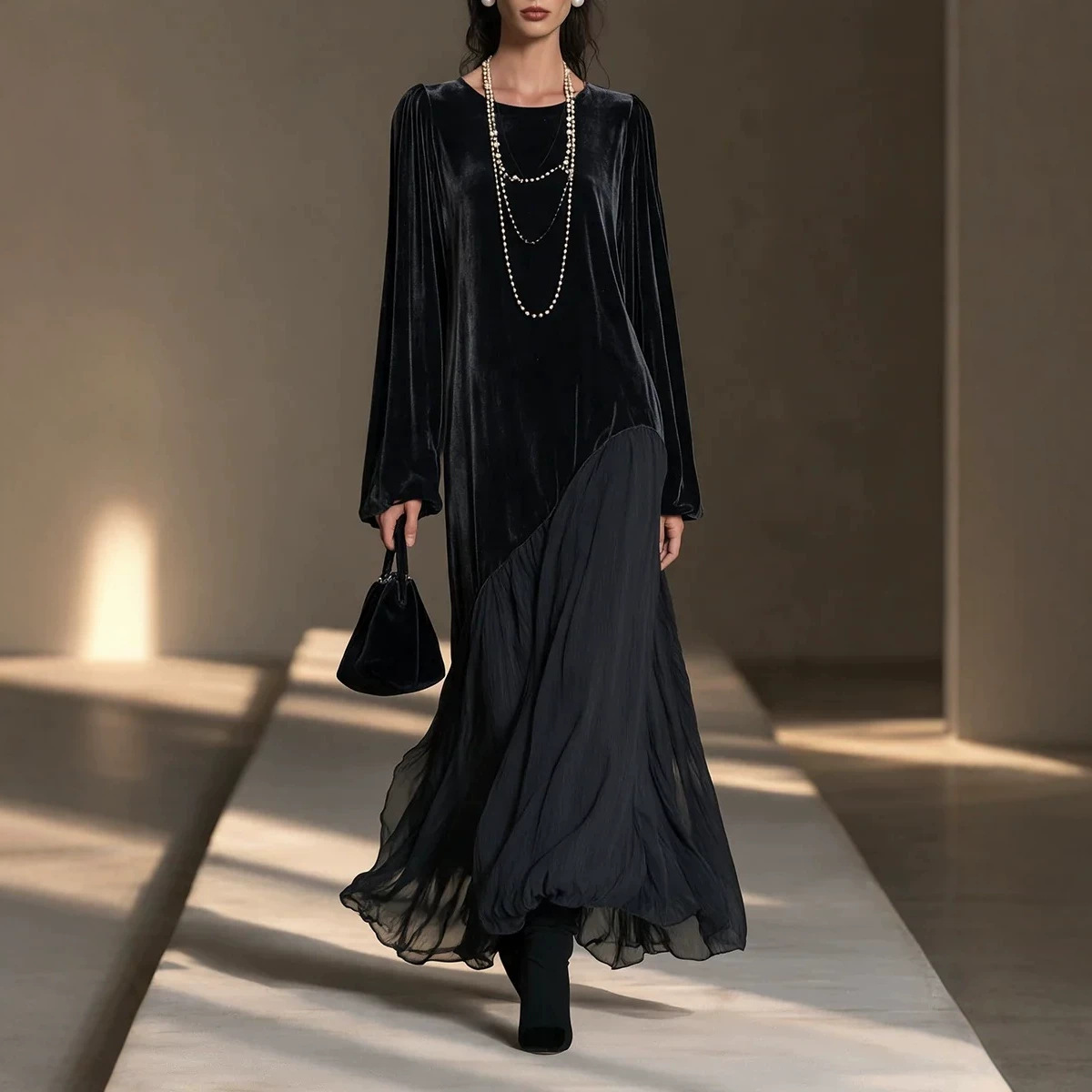 Black Velvet & Chiffon Paneled Long Dress with Round Neck and Puff Sleeves