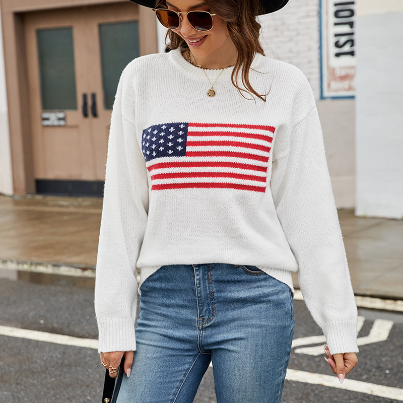 American Flag Crewneck Knit Sweater for Women