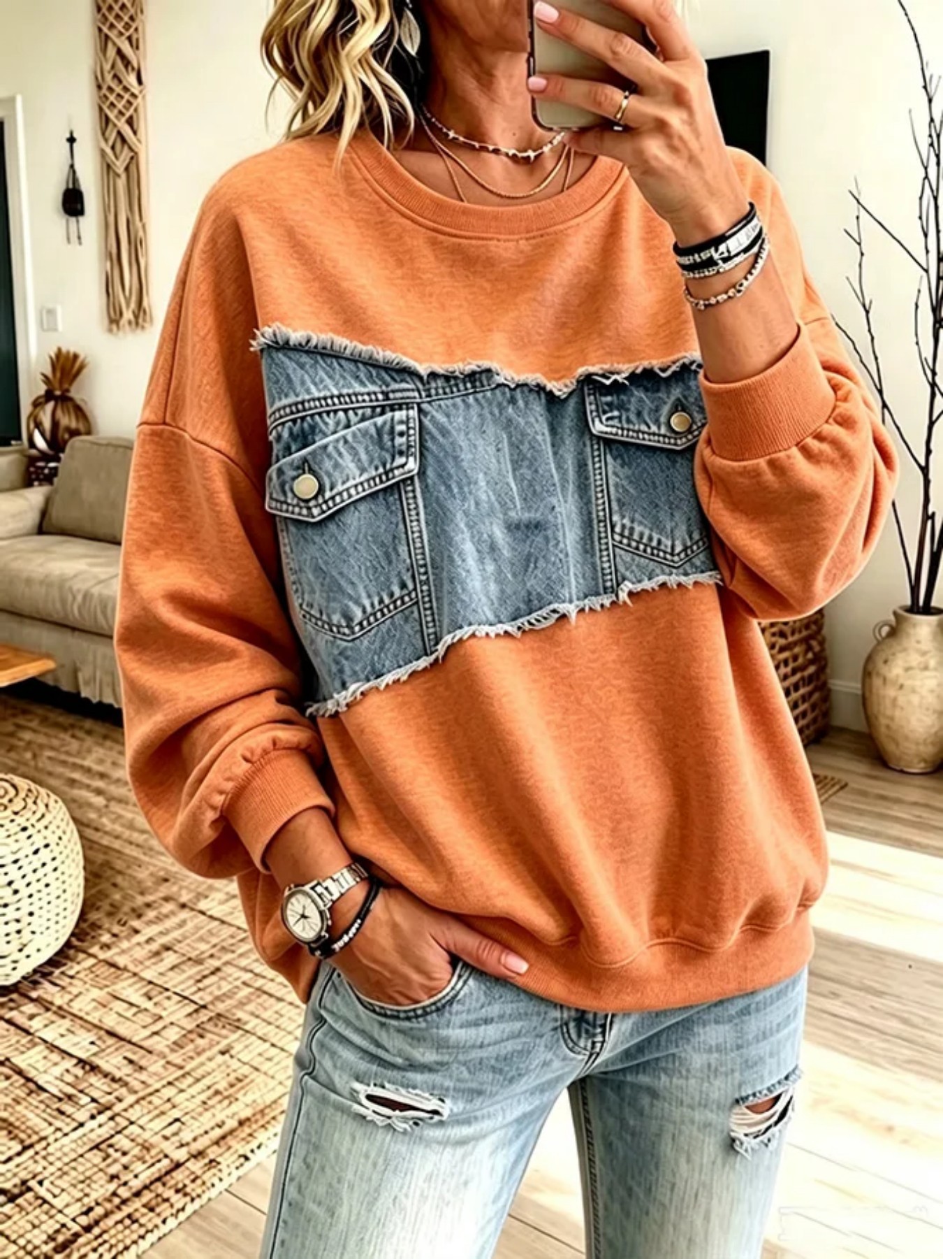 Patch Pocket Print Crewneck Long Sleeve Pullover Sweatshirt