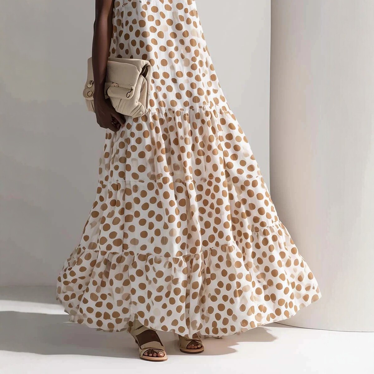 Women's Loose V-Neck Waist-Cinching Ruffle Midi Dress