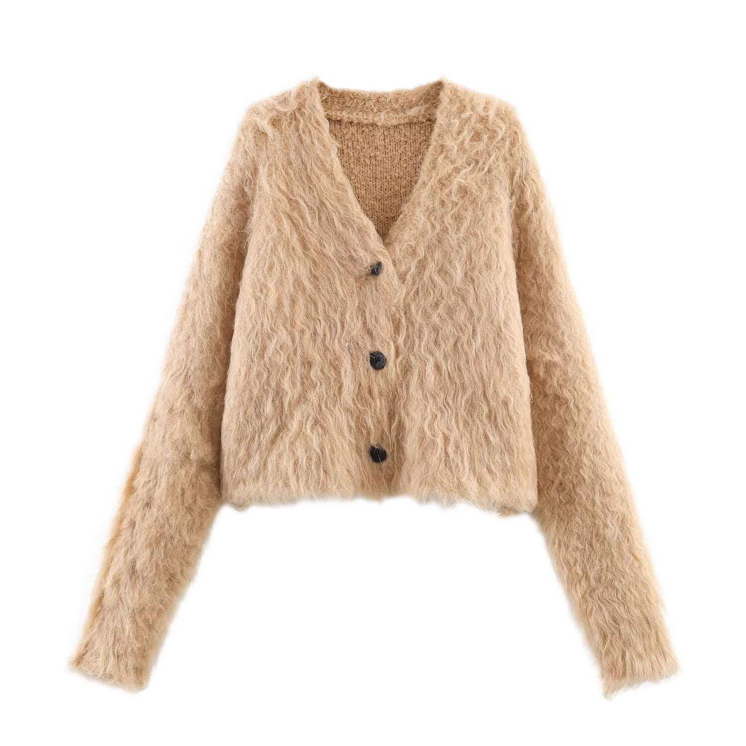 Fuzzy V-Neck Knit Cardigan Sweater