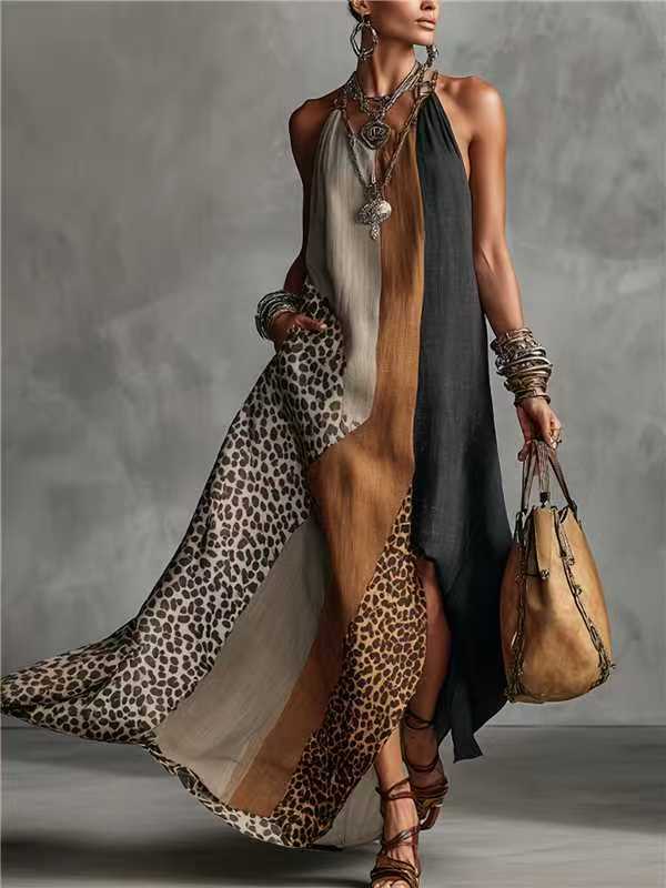 Bohemian Leopard Colorblock Halter Sleeveless Slit Flowy Maxi Dress