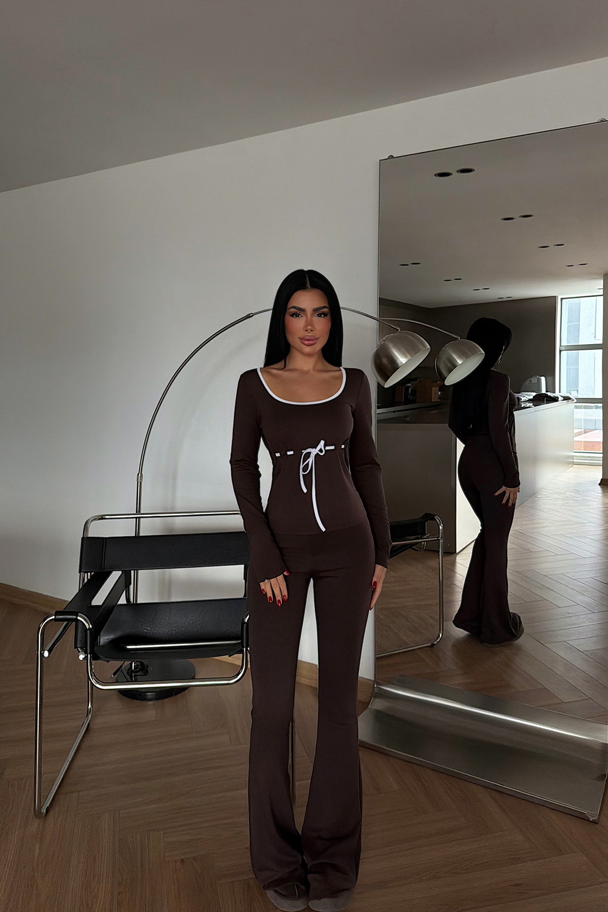 Women's Long Sleeve Drawstring Top and Floor-Length Pants Two-Piece Set