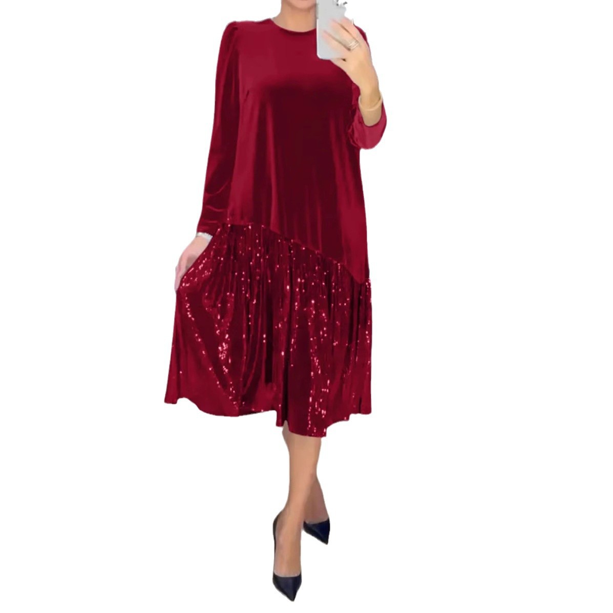 Solid Crewneck Long Sleeve Sequin Hem Dress