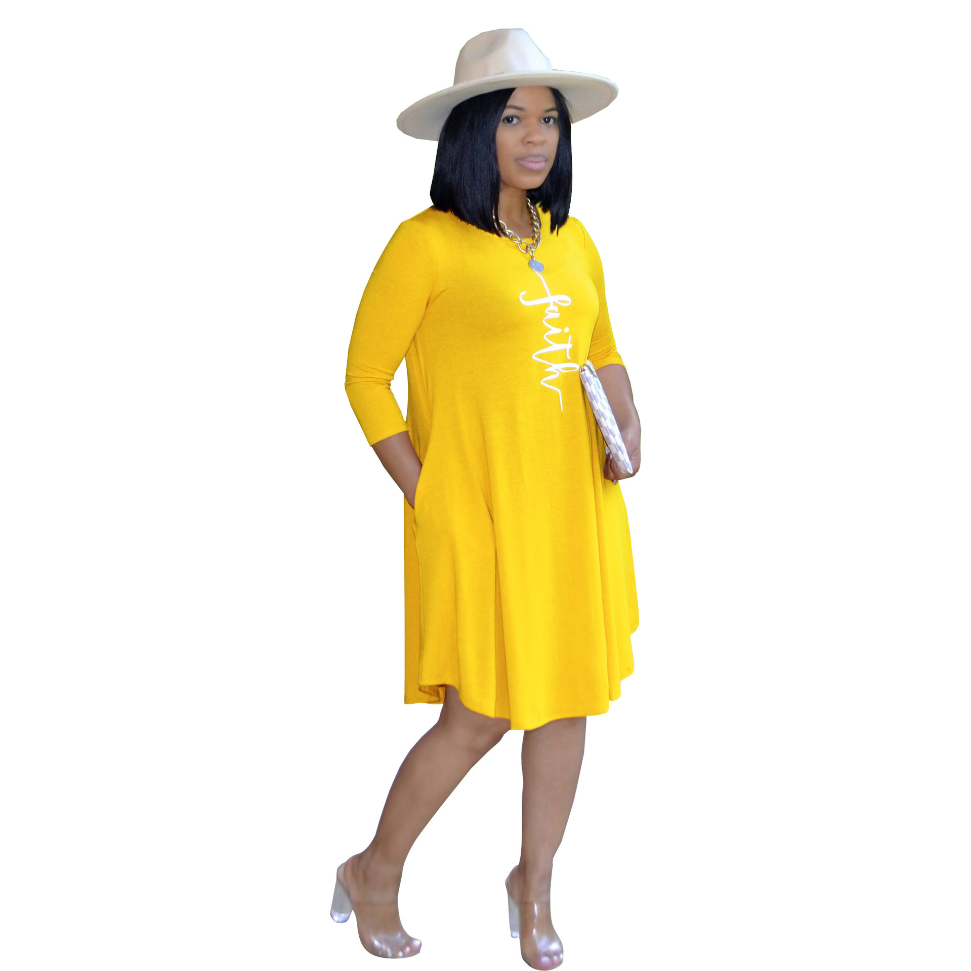 Faith Print A-Line Midi Dress with 3/4 Sleeves