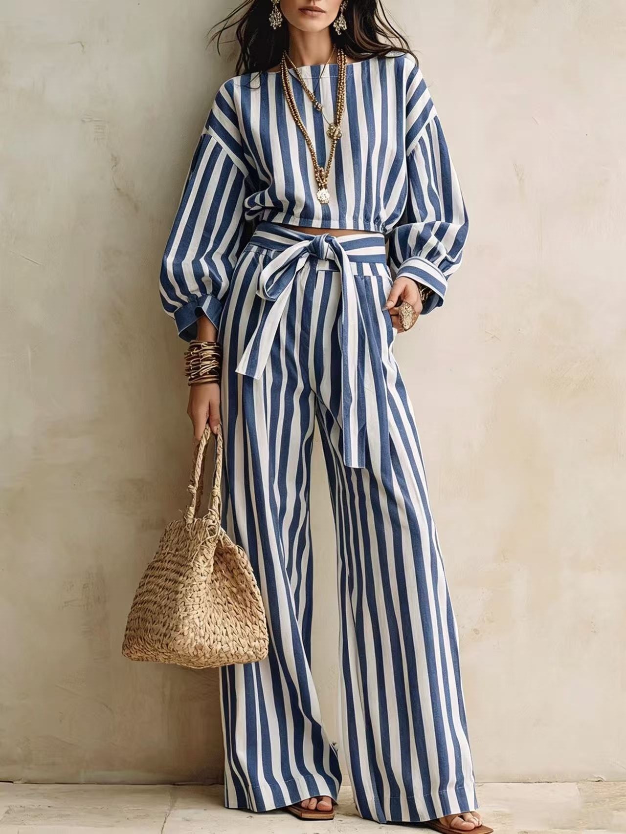 Striped Short Top & Wide-Leg Pants Set with Tie