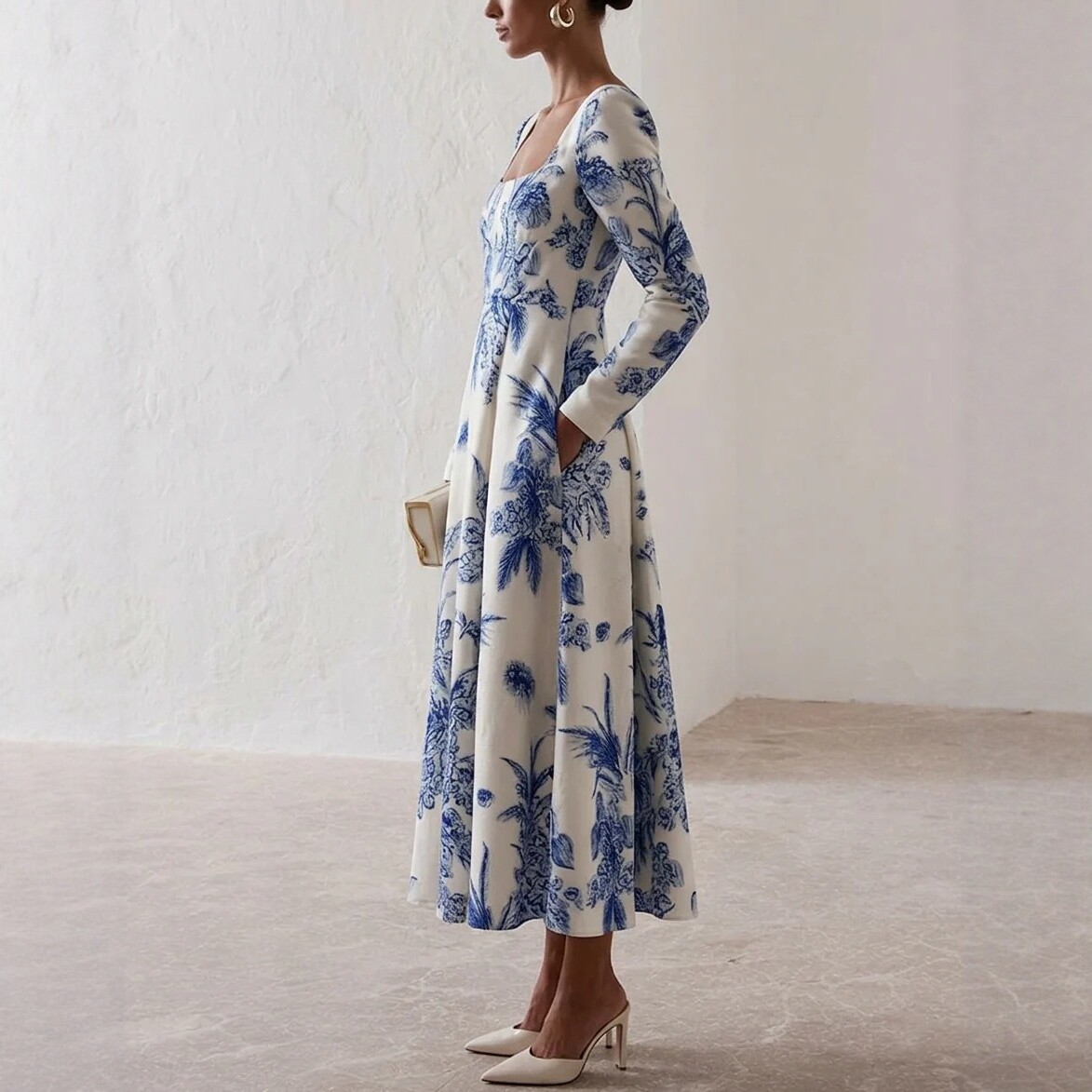 Square Neck Floral Print Long Sleeve Midi Dress