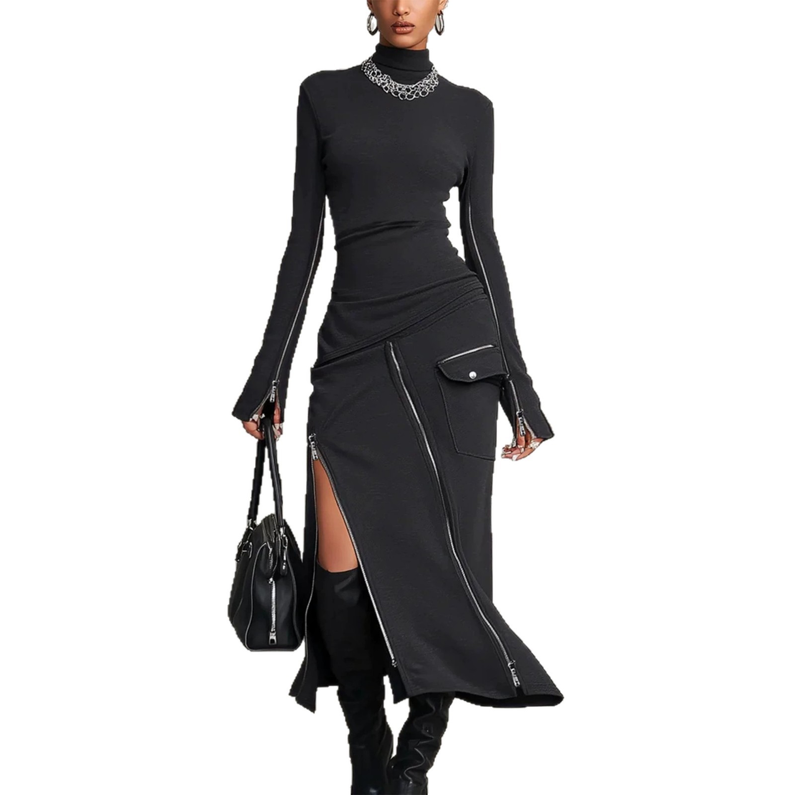 Minimalist Side-Zip Bodycon Midi Dress with Shoulder Pads