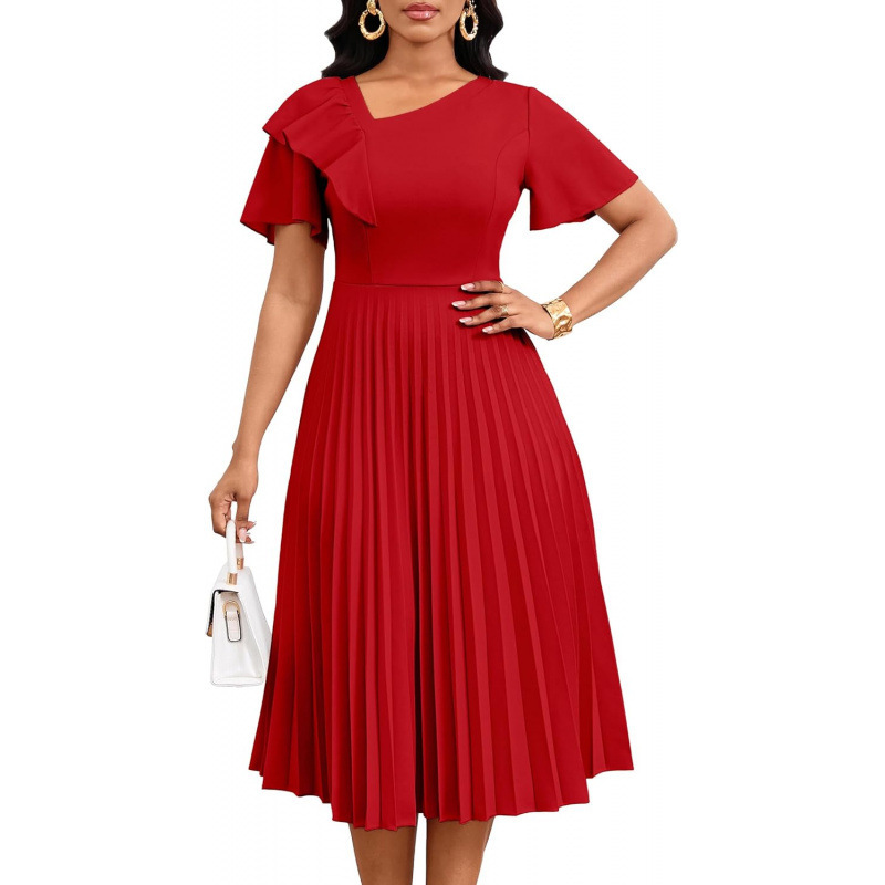 Asymmetric Ruffle Short Sleeve A-Line Midi Dress