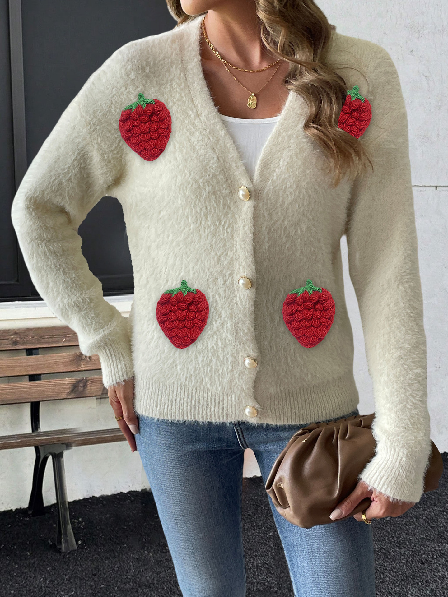Women's Faux Mink Cardigan with Pearl Buttons & Strawberry Embroidery