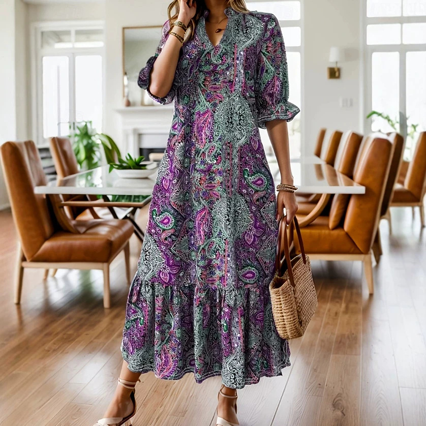 Elegant Floral Print V-Neck Midi Dress with Ruffle Sleeves