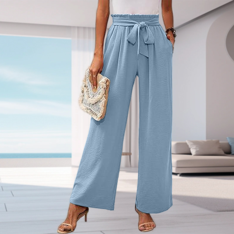 Women's High-Waist Wide-Leg Pants with Pockets Solid Color