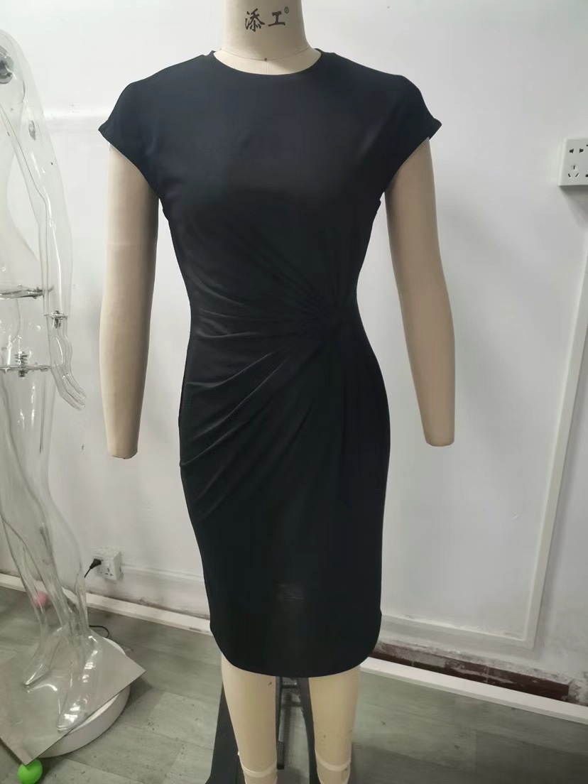 Women's Waist-Cinching Twist Knot Dress Round Neck Short Sleeve Midi Bodycon Commuter Dress
