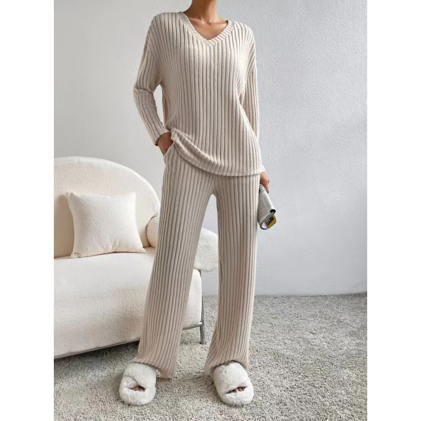 Women's Two-Piece Ribbed Knit Set V-Neck Top & Straight-Leg Pants