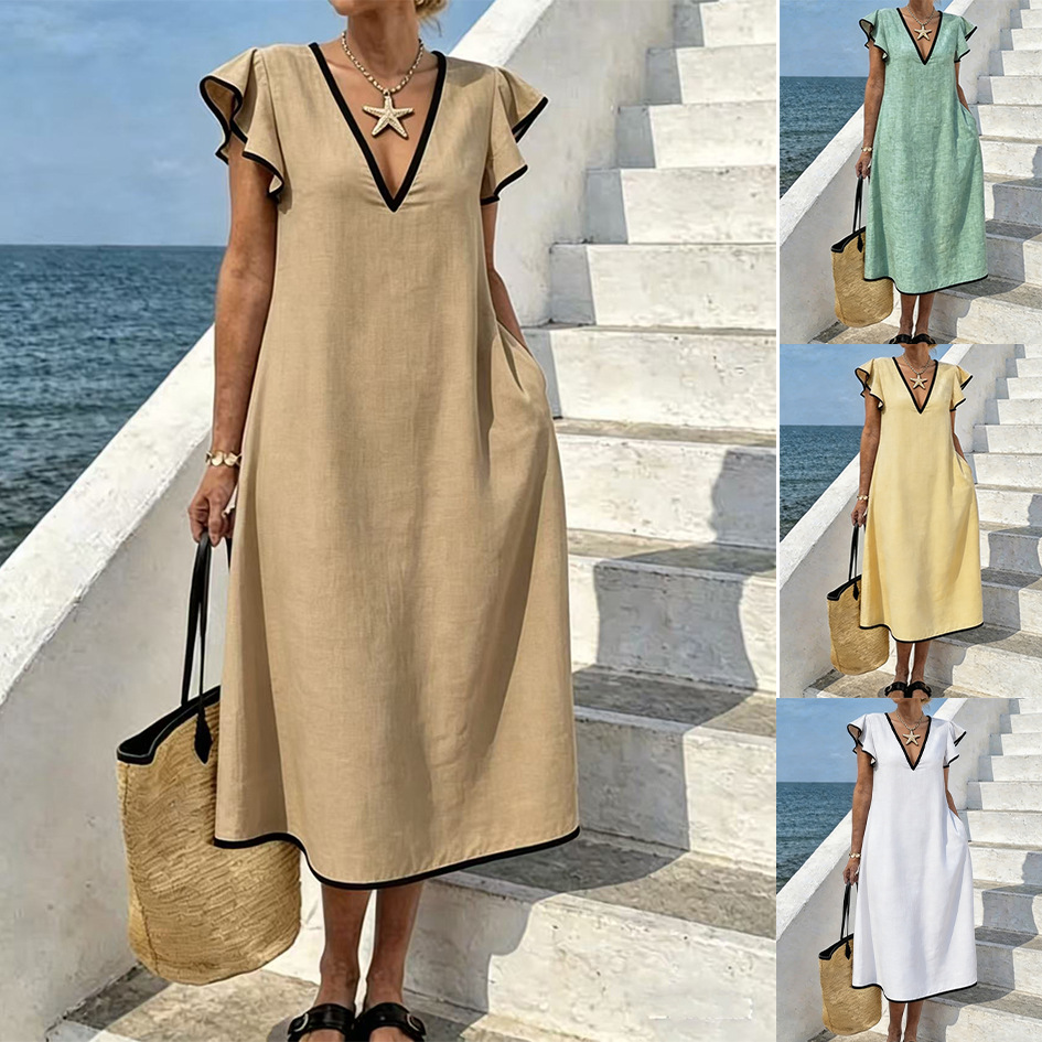 V-Neck Bohemian Loose Plus-Size Long Dress with Pockets