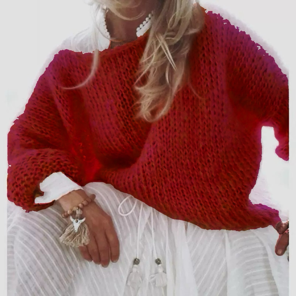 Faux Mohair Pullover Sweater Women's Crewneck Long Sleeve Solid Color Knit Top