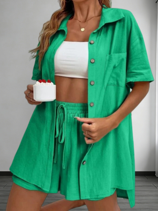 Solid Color Short Sleeve Cardigan Top and Shorts Two-Piece Set