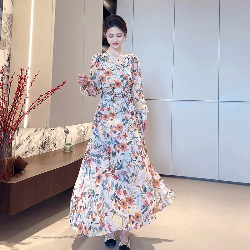 French Floral Long Sleeve Midi Dress V-Neck A-Line